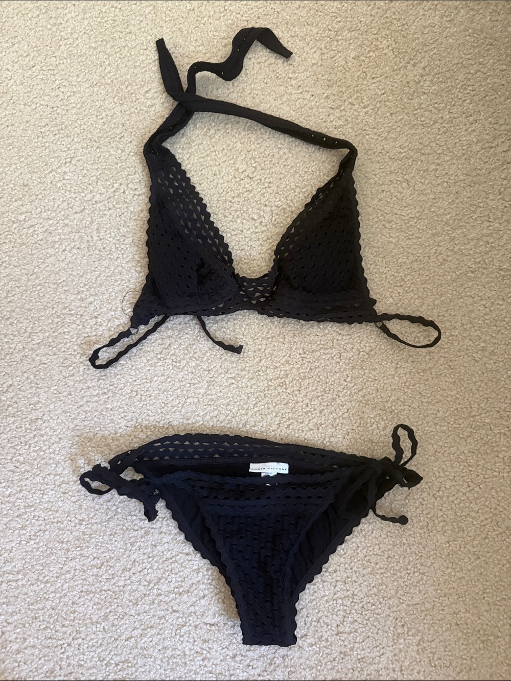 Robin Piccone Black Crochet Triangle Bikini Set with Tie Sides